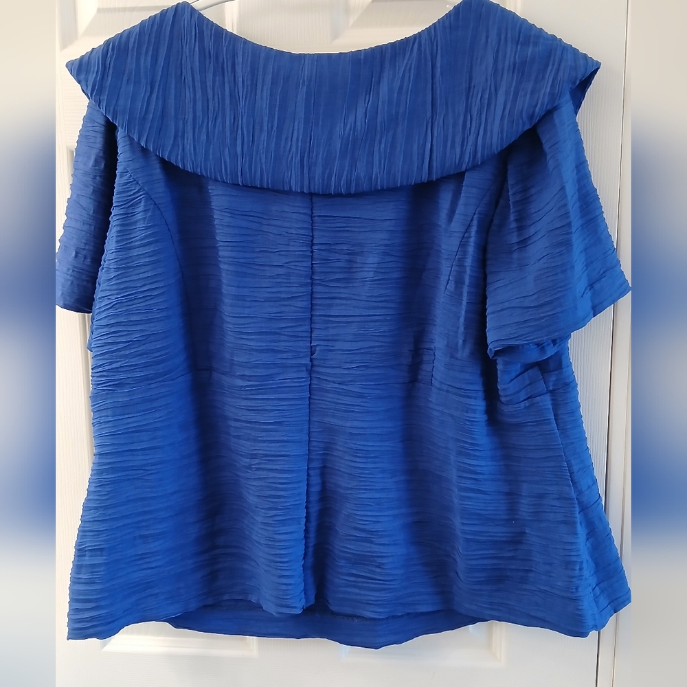 Alex Evenings Royal Blue Textured Short Sleeve Blouse with Brooch Accent - Picture 11 of 11